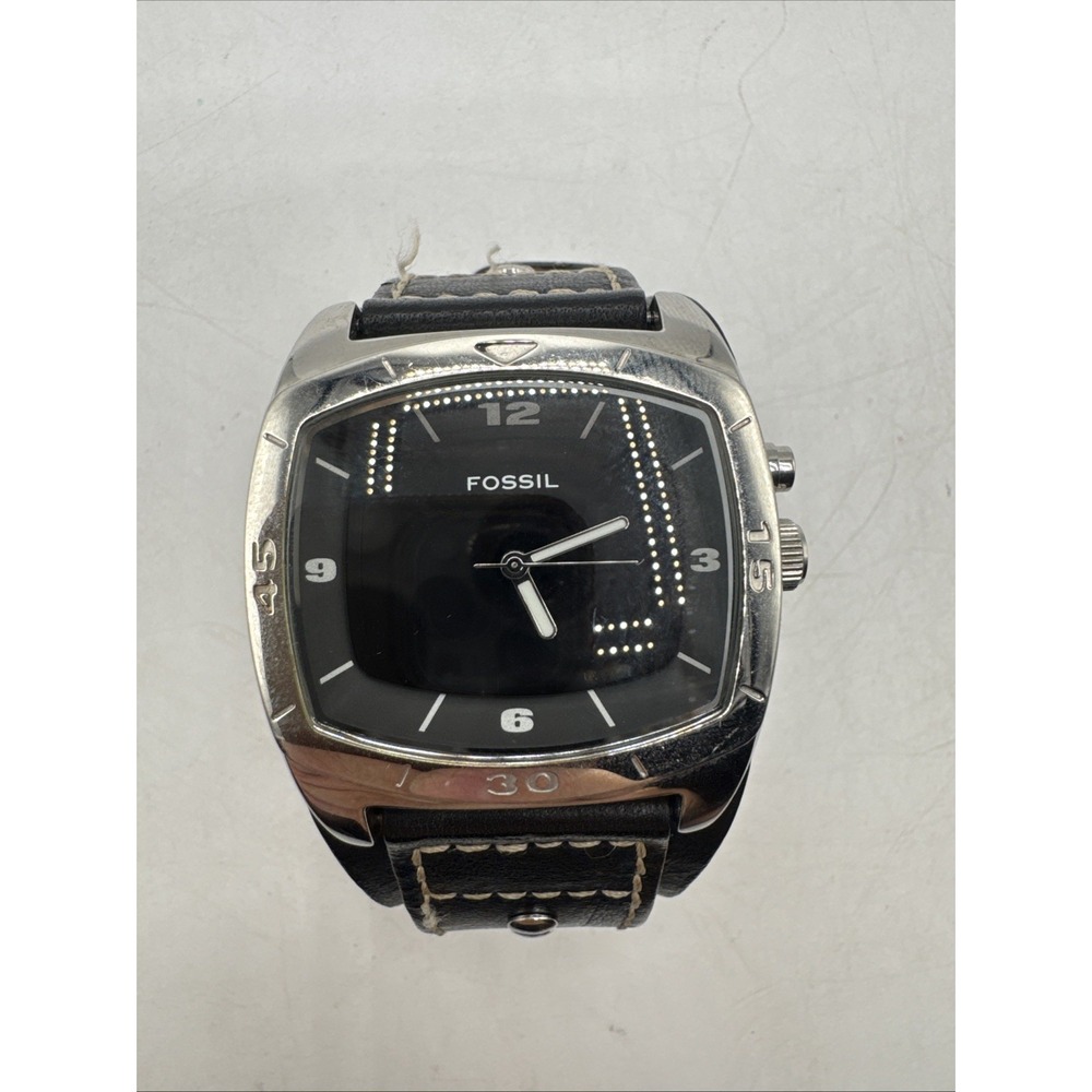 Fossil Big Tic Watch Men 41mm Silver Black Leather Band AM-3696